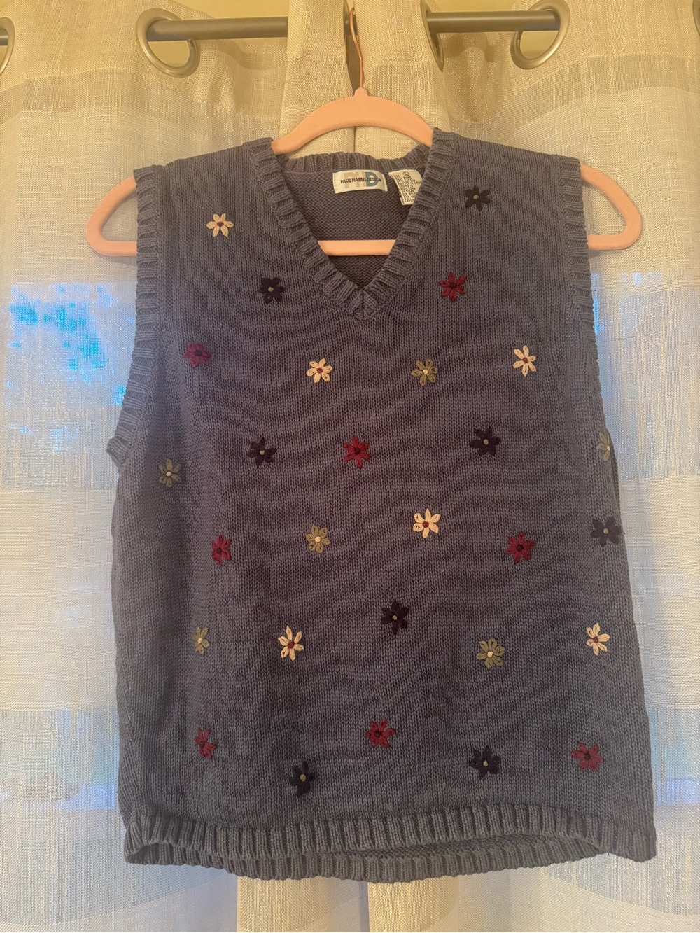 Vintage Cottagecore Embroidered Flower V-Neck by Knit Vest - Blue/Gray